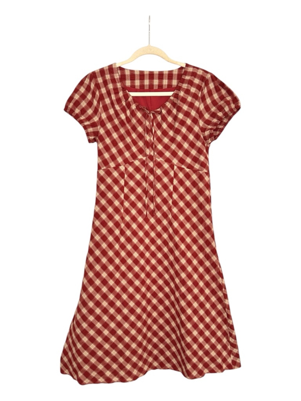Red Plaid Cottagecore Dress Puff Sleeve MIDI A-Line‎ Milkmaid Coquette Size M